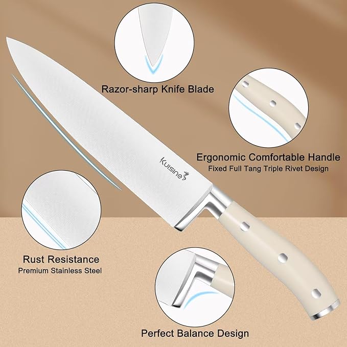 Kuisine Kitchen Chef Knife Block Set,High Carbon Stainless Steel Razor-Sharp Blade Ergonomic Handle,Sharp Knife Set with Built-in Sharpener,Elegant Gift(Irovy-Acacia,15pcs)