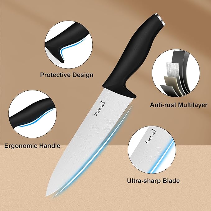 Kuisine Chef Knife Set,High Carbon Stainless Steel Ultra Sharp Blade Ergonomic Handle,Kitchen Knife Block Set with Built-in Sharpener, Elegant Gift for Holiday(Acacia,15PCS)