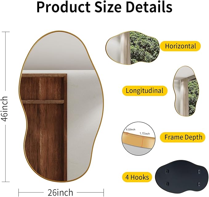 Wavy Wall Mirror -46''×26'' Irregular Wall Mirror Decorative Alloy Framed Mirrors Abstract Artistic Mirrors Wavy Mirror for Cloakroom/Bedroom/Living Room/Entryway（Gold）