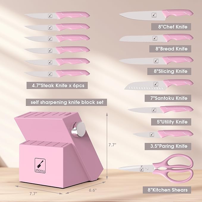 imarku Knife Set with Block, Sharp Knife Set with Built-in Sharpener, Japanese Stainless Steel Kitchen Knife Set with Non-Slip Ergonomic Handle, Dishwasher Safe, Best Holiday Gifts, 14 PCS, Pink