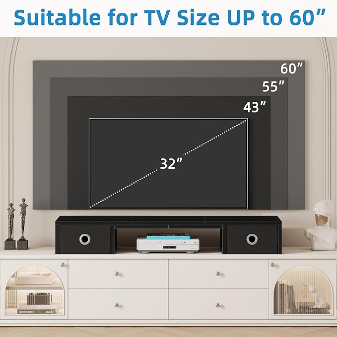 YAOHUOO 45" Large TV Riser with Fabric Drawers for 32-60 inch TV, TV Stand Riser with Steel Legs, Tabletop TV Riser Shelf, Monitor Stand Riser for Home Office, Black