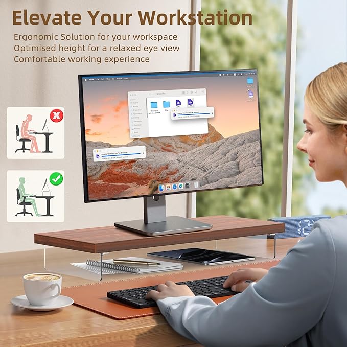 Dual Monitor Stand Riser, 40" Large Computer Monitor Stands for 2 Monitors, Wooden Desktop Organizer Shelf for Office Desk Computer, Laptop, TV, Monitor, Printer