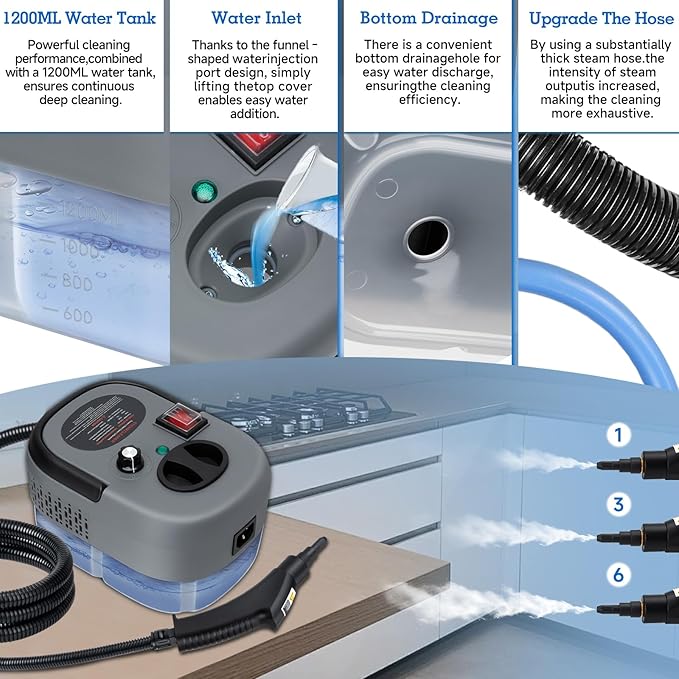 Steam Cleaner, 6-Level Adjustable Handheld Steamer Cleaning,1500W Steam Cleaner for Home, 15s Heat-Up, Portable Steamer for Cleaning Car, 40.58oz Tank, 10 Pcs Accessories for Grout, Couch, Furniture