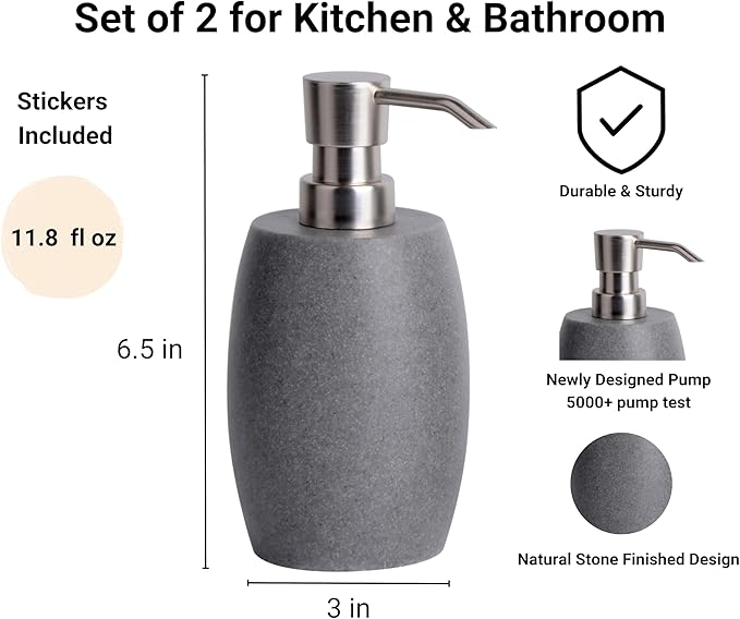 Sandstone Textured Resin Soap Dispenser with Metallic Pump and Waterproof Bottle Labels for Bathroom Kitchen Dish Hand Wash Shower Lotion Shampoo, 12 Oz, 2 Sets Gray