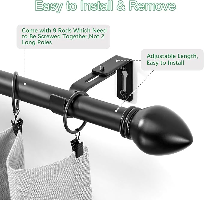 Curtain Rods for Windows 16 to 136 inches, Curtain Rod Max Adjustable Length to 146 in, Drapery Rod 1 inch Diameter with Modern Knobs Finials (Black, 16" to 136" - Set of 1)
