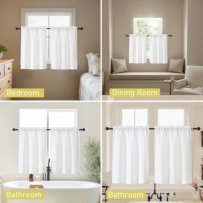 White Kitchen Curtains 36 Inch Length 2 Panels, Light Filtering Farmhouse Faux Linen Textured Short Curtains for Windows, Small Curtain Tier for Cafe Cabinet Bathroom RV Camper, 30Wx36L Inch