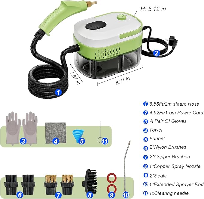 Steam Cleaner,15s Heat-Up,1.4L Tank,Steamer for Cleaning with 10 pcs Accessories,Multi-2500W High Temperature and Pressure handheld steamer,Steam Clea (1-Green)