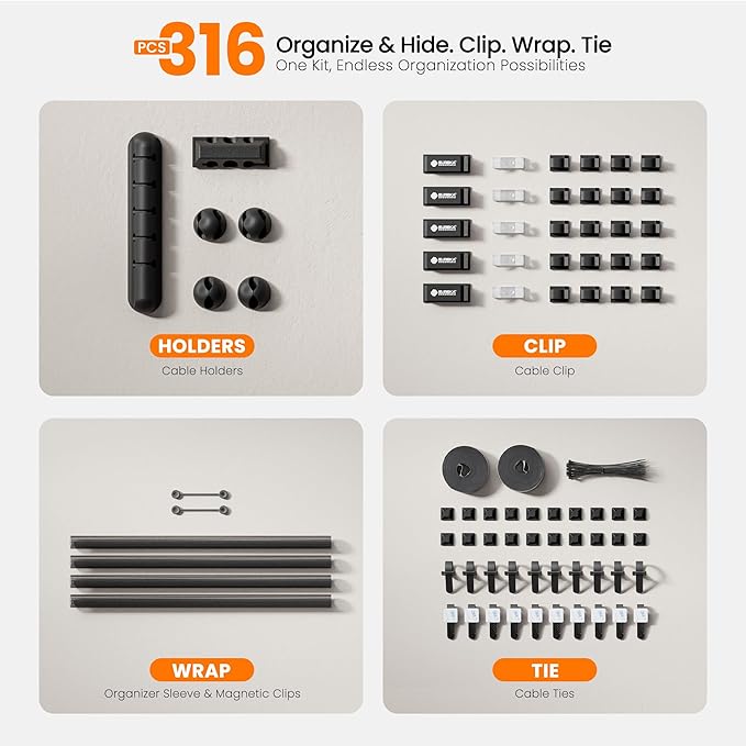 EUREKA ERGONOMIC 316 PCS Cable Management Kit, Updated Cable Raceway Kit, 40 Cable Clips, 6 Cable Holder, 100 Fastening Cable Ties, Hide Under Desk Cable Management System to Computer/Tv/Power Cords