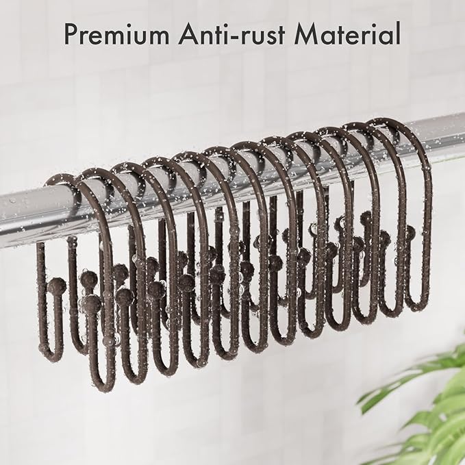 AmazerBath Shower Curtain Hooks, Simple Bronze Double Shower Curtain Hooks Rust Proof, Non-Slip Simple Shower Curtain Rings, Metal Shower Hooks for Shower Curtain Liner Bathroom, 12Pcs