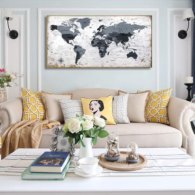 Framed wall art World Map Wall Art Canvas Picture 24inchx48inch Large Black and white Map of The World Canvas Painting Artwork Prints for Office Wall Decor Home Living Room Decorations Framed Ready to