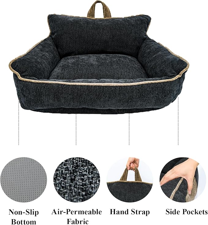 Small Dog Bed, Washable Pet Bed with Removable Cover, with Sides, Carry Handle & Side Pockets .Plush Chenille Orthopedic Pet Bed Couch for Small Breed Dogs & Cats .Calming