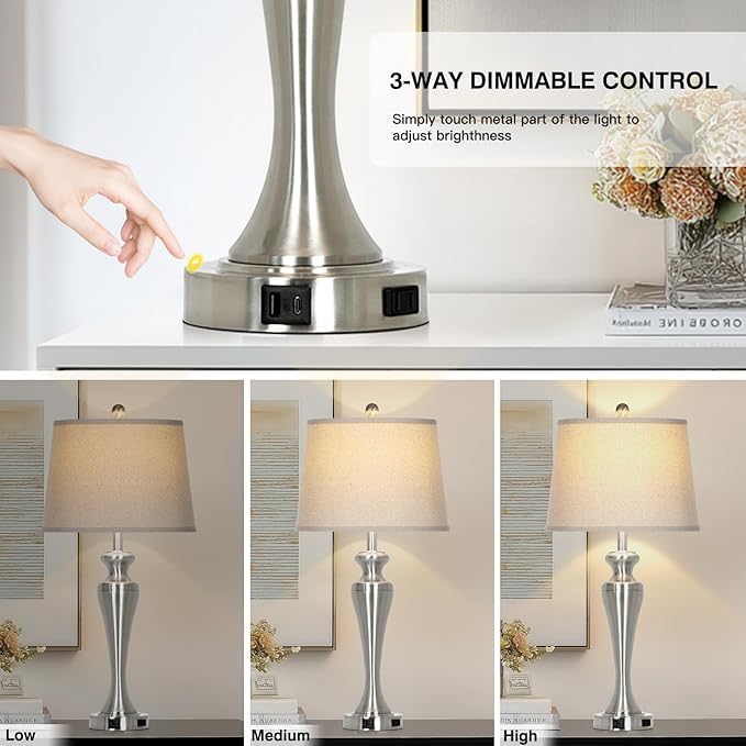 30 Inch Single Silver Table Lamp, 3-Way Dimmable Touch Bedroom Lamp with USB A+C Ports and AC Outlet, Modern Metal Brushed Nickel Living Room Lamp, Bedside Lamp for Nightstand Guest Room End Table