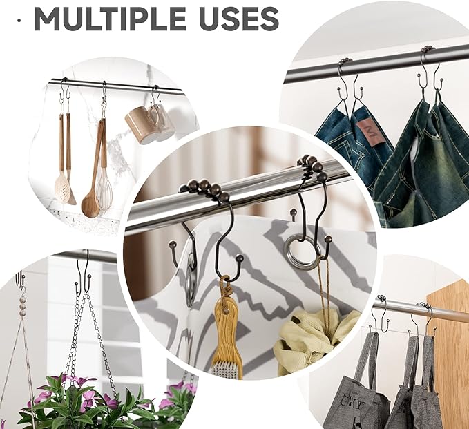 Shower Curtain Hooks Bronze Shower Curtain Rings Rust Proof Double Hook Shower Curtain Hooks, 12 Pcs Shower Hooks for Shower Curtain, Shower Rings for Curtain Bathroom, Metal Shower Rod Hooks