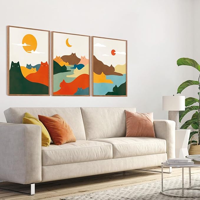 CHDITB Mountain Cats Framed Canvas Wall Art Set Of 3, Abstract Line Nature Landscape Wall Decor, Neutral Animal Wall Painting, Midcentury Modern Art Prints For Cat Lovers Living Room Decor-12 X16
