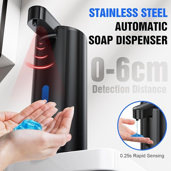 Automatic Soap Dispenser Touchless, Stainless Steel 11.5 oz 3 Levels Adjustable Hand Soap Dispenser with Rechargeable Sensor Pump for Kitchen & Bathroom Liquid Soap, Black