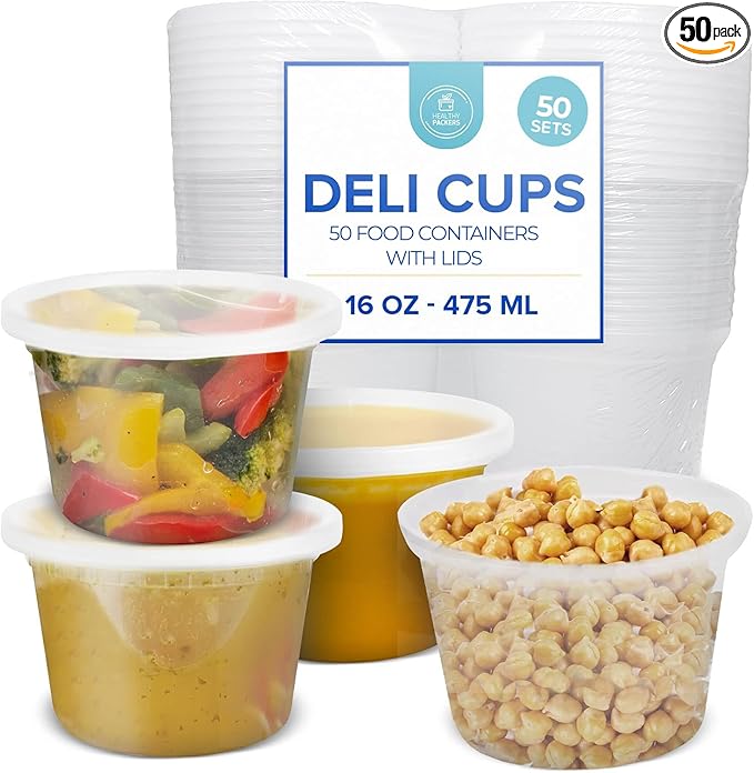 Healthy Packers 50pk 16oz Deli Containers with Lids – BPA-Free Plastic Soup Containers for Food Storage, Meal Prep & Slime – Microwave, Freezer & Dishwasher Safe – Leakproof & Stackable