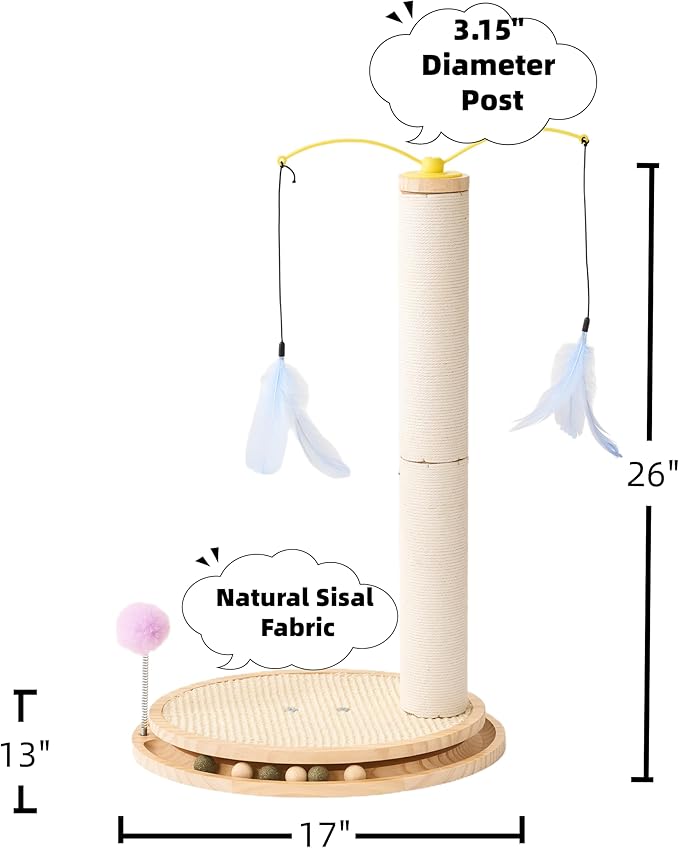 SHENGOCASE Cat Tree Scratching Post Scratcher, 26 Inch Tall, Solid Wood Base,Sisal Rope, Interactive Ball Track and Spinning Wand Feather Toys, Scratch Pad