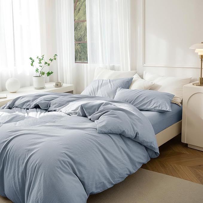 JIYUAN 100% Washed Cotton Duvet Cover Set 3 Pieces Full, 1 Duvet Cover 80x90 Inches(Comforter Not Included) and 2 Pillowcases,Linen Feel Bedding Set Comfy and Breathable, Heathered Light Blue