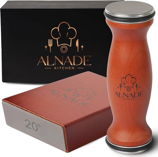 Rolling Knife Sharpener – Diamond & Ceramic Wheels, Manual Kitchen Blade Sharpener with 15° & 20° Angle Guide, Magnetic Blade Support, Ergonomic Beech Wood Handle for a Comfortable, Controlled Grip