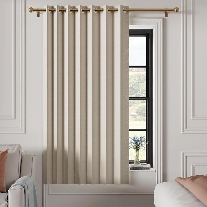 100% Blackout Magnetic Folding Door Curtain, Faux Linen Blackout Thermal Insulated Pinch Pleat Drape for Bedroom, Living Room Patio Door, 1 Panel, W52 x L72, Tan
