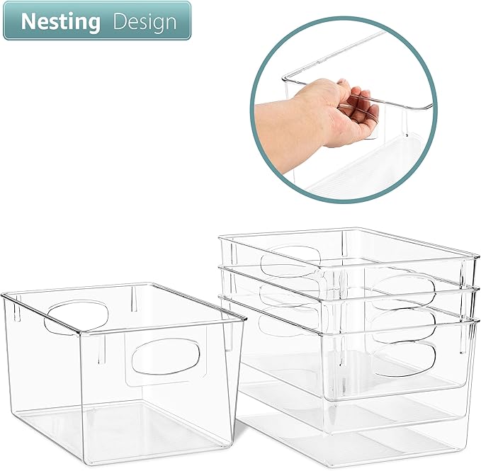 Sorbus 4 Pack Medium Clear Plastic Storage Bins, Clear Organizer Bins with Handle for Kitchen, Pantry, Cabinet, Refrigerator, Craft, Toys, Clothes, Closet, Under Sink, Bathroom Organizers and Storage
