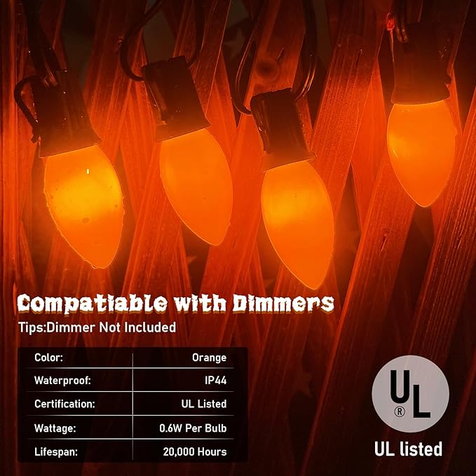 SUNSGNE C9 LED Halloween Orange String Lights 25FT Outdoor String Lights with 27 0.6W LED Plastic Bulbs(2 Spare) for Patio Garden Roofline Backyard Decorations, Black Wire