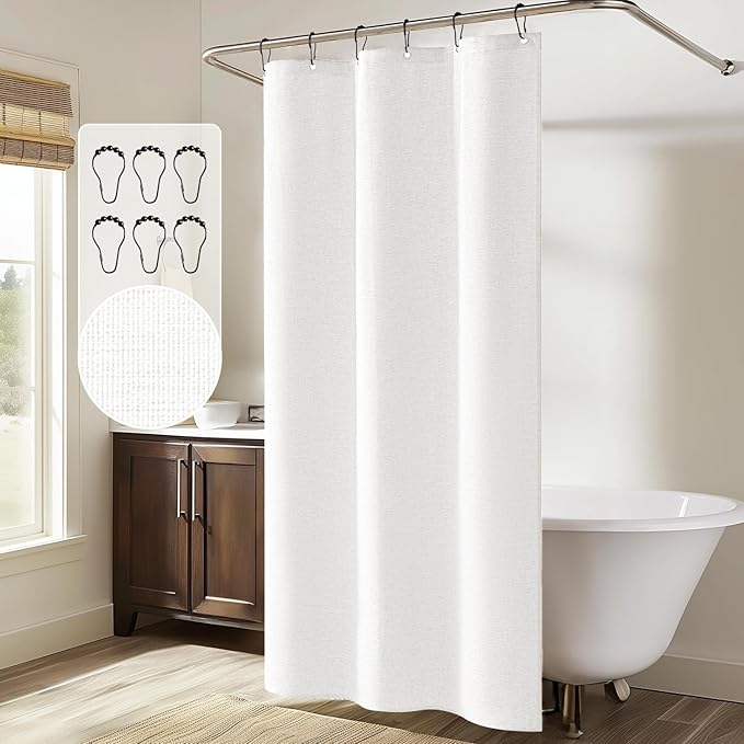 MIULEE Stall Linen Shower Curtain with 6 Metal Hooks Small Heavy Duty Washable Fabric Shower Curtain Set Waterproof Narrow Thick Cloth Shower Curtains for Bathroom Hotel, W36*L72, White