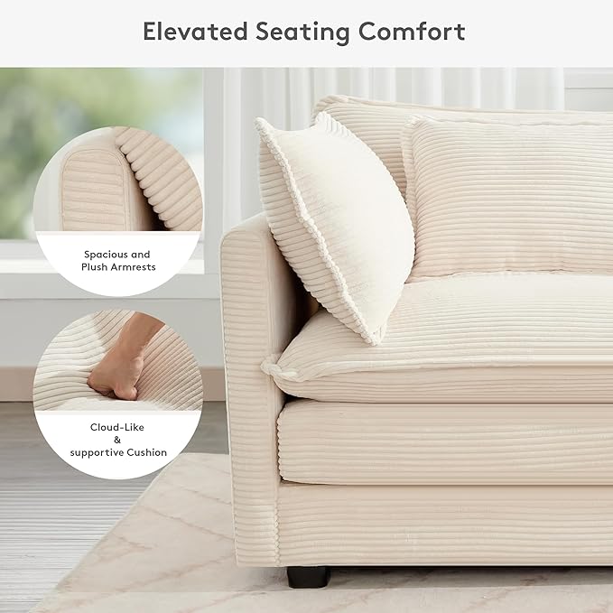 ROWHY 113'' Modular Sectional Cloud Couch, 5 Seater Corner Sofa Big Comfy Corduroy Oversized L Shaped Couch with 2 Pillows, Chaise, Ottoman, Deep Seat Sectional Couches for Living Room Office, Beige