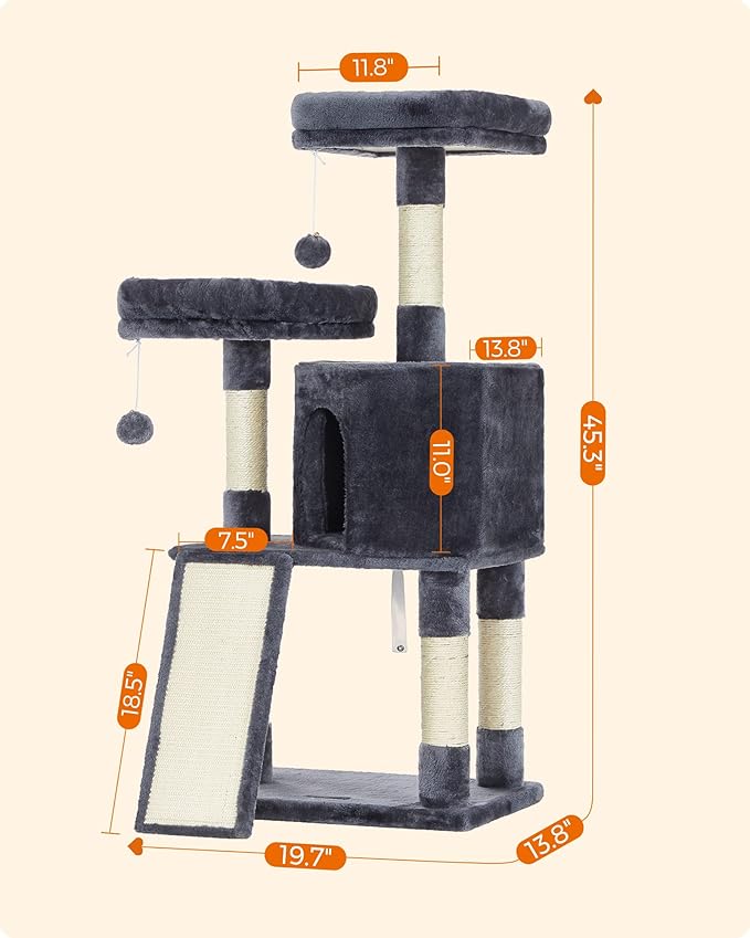 Feandrea Cat Tower, Cat Tree for Indoor Cats, 45.3-Inch Cat Condo with Scratching Post, Ramp, Perch, Spacious Cat Cave, for Kittens, Elderly Cats, Adult Cats, Small Space, Smoky Gray UPCT141G01