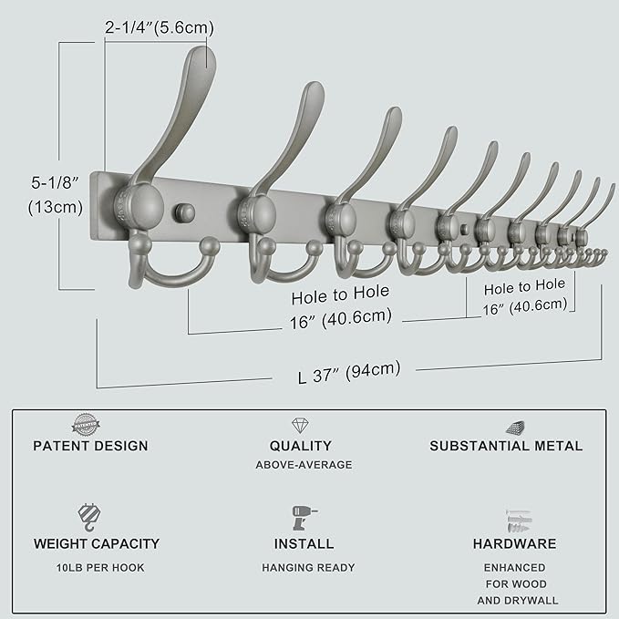 Dseap MaxStrong 2.0 Coat Rack Wall - 37” Long 10 Tri Hooks - Ultra Heavy-Duty Stainless Steel Wall Mount Coat Hanger, Hook Rail for Clothes Hats Jacket Towels Grey, Pack of 2