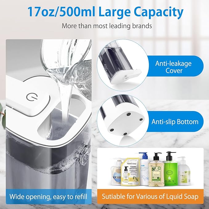 Automatic Liquid Soap Dispenser, Rechargeable,Touchless,17oz/500ml with 4 Adjustable Soap Levels, Wall Mount & Waterproof, Liquid Hand/Dish Soap Dispenser for Bathroom Kitchen