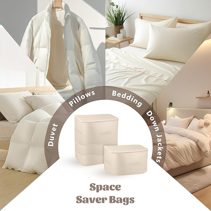3 Pack 3-Layer Blanket Storage Organizer Comforter Storage Bag Large Capacity Compression Bags Washable Ultra Space Saving Self Organizer for Sweaters Sheets Clothes Pillow Beige