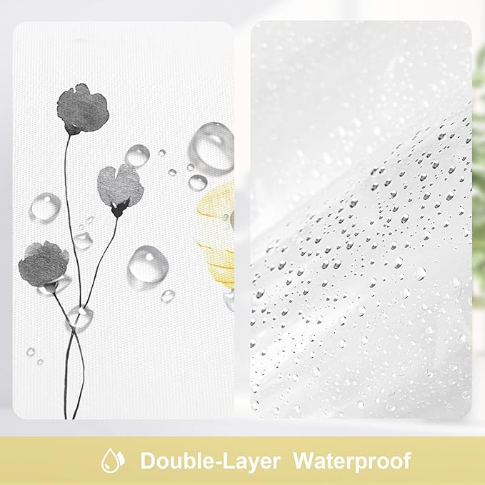 Gibelle 3 in 1 Shower Curtain Set, Yellow Watercolor Floral Bath Curtain and PEVA Liner Set with 12 Double Sided Steel Hooks, Waterproof Fabric Bathroom Curtain 72x72