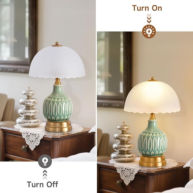 Table Lamps for Bedroom Vintage Golden Table Lamps for Bedroom Ceramic Retro Lamp for Living Room,16" Modern Bedside Nightstand Traditional Lamps, Classic Chinoiserie Green Glass Lamp for Home Decor