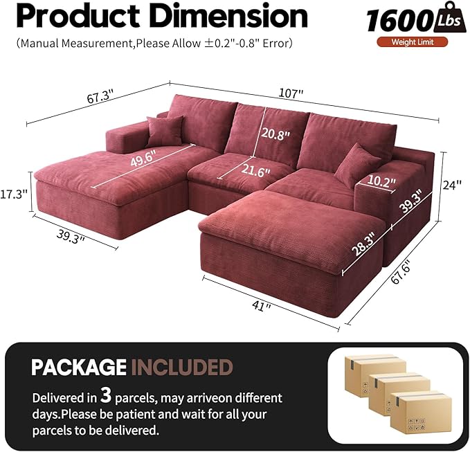 107'' U-Shaped Modern Modular Sectional Cloud Couch Whit Ottoman, 4-Seat Chenille Deep-Seat Sofa with Pillow for Living Room, Bedroom, Apartment, Wine Red
