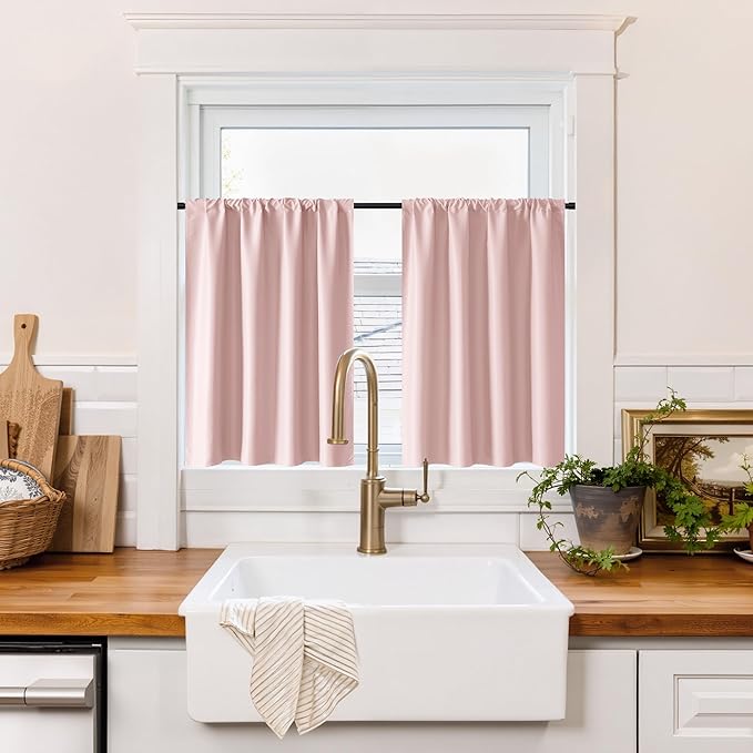 RYB HOME 100% Blackout Basement Curtains 30 inches Long, Heat & UV Blocking Total Room Darkening Noise Reducing Curtains for Bathroom RV Campers, Baby Pink, 2 Panels Set