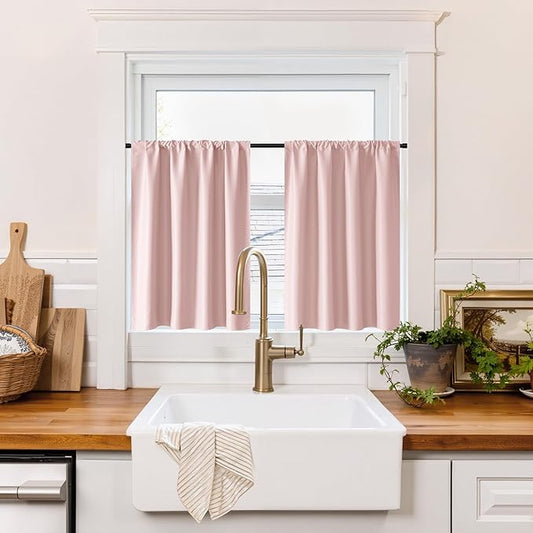 RYB HOME 100% Blackout Basement Curtains 30 inches Long, Heat & UV Blocking Total Room Darkening Noise Reducing Curtains for Bathroom RV Campers, Baby Pink, 2 Panels Set
