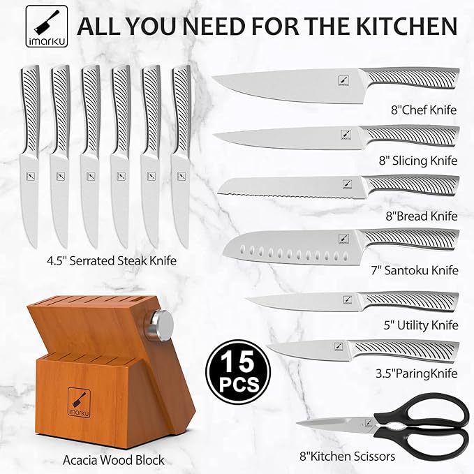 imarku Kitchen Knife Set, 15 Piece Premium Knife Block Set, Dishwasher Safe Knives Set for Kitchen, Razor Sharp Japanese Knife Set with Built-in Sharpener, Ergonomic Handle, Brown