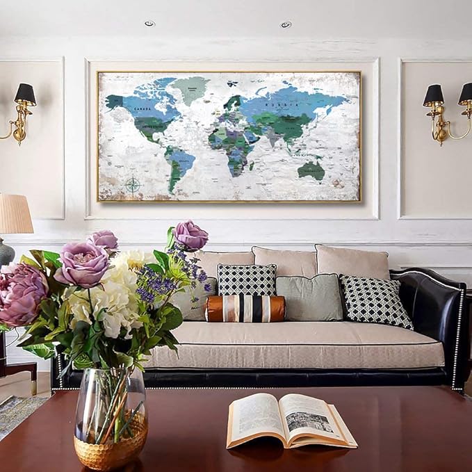 Framed Wall Art World Map Wall Art Canvas Picture 30inchx60inch Large Blue Map of The World Canvas Painting Artwork Prints for Office Wall Decor Home Living Room Decorations Framed Ready to Hang