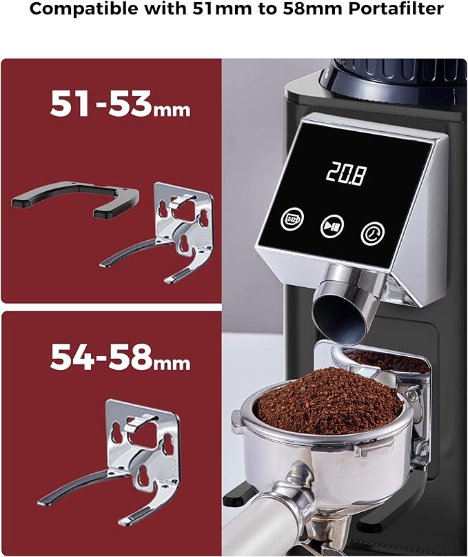 Tuni G1 Conical Burr Coffee Grinder, 48 Grind Settings Anti-static Burr Mill, Precision Electronic Timer and LED Touchscreen for Espresso/Drip/Cold Brew/French Press, Stainless Steel, Noir