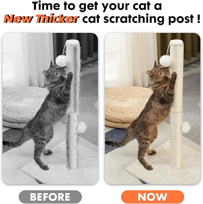 PowerKing Natural Sisal Replacement Scratching Post, 4 Pieces M8 Cat Scratch Post Refill Pole Parts for Refurbishment, White, Include Screws, White, 15.74''+11.88''+7.87''+3.93''