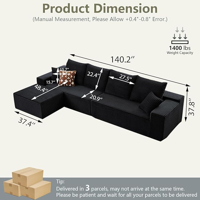 140" L Shaped Cloud Sectional Couch for Living Room, Modular Floor Deep-Seat Sofa, Big Comfy Corduroy Couches Set with Fluffy Memory Foam for Living Room Bedroom, No Assembly Required, Black