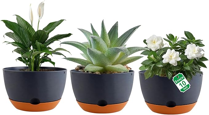 3 Pack Self Watering Planters for Plants Indoor,10 Inch Plant Pot Outdoor Plastic Flower Pot with Drainage and Saucers(Grey)