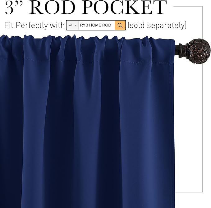RYB HOME Kitchen Curtains Blackout Half Window Short Drapes for Bathroom Bedroom Small Window Covering, 29 inch Wide x 24 inch Long per Panel, Marine Blue, 2 Panels