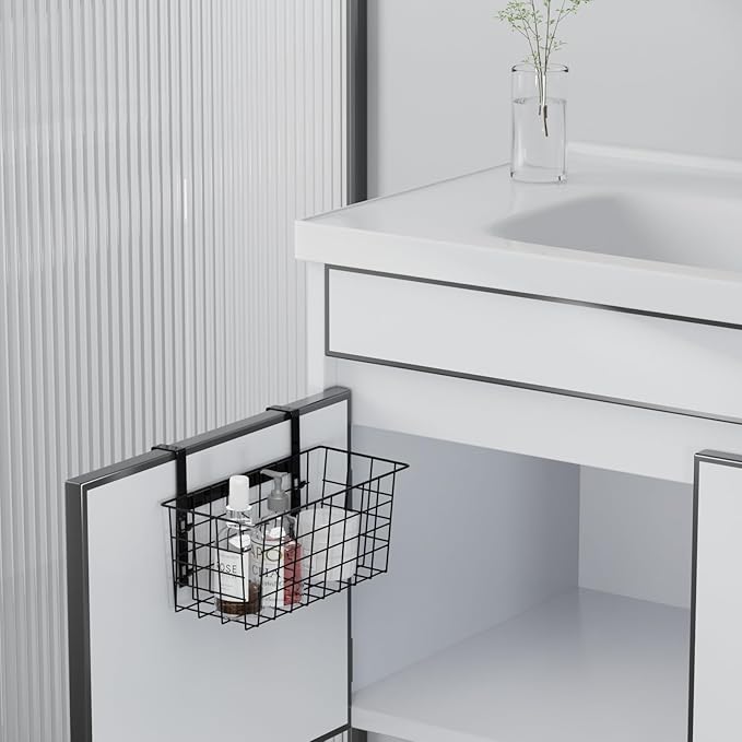 MaraFansie Basket with Hook, Grid Storage Basket, Over the Cabinet Door Organizer, Wire Hanging Basket with Hook Over the Railing, Under Sink Kitchen Cabinet, Pantry, Bathroom, Black, 4 Pack