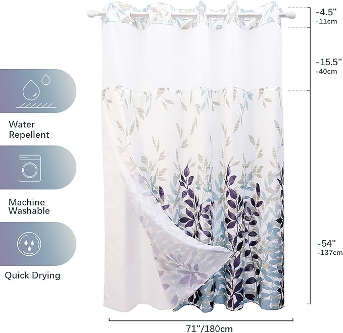 VIUOON No Hook Shower Curtain with Snap-in Fabric Liner Set, Double Layers Heavy Duty Fabric Large Leaf Pattern Bathroom Curtain with See Through Top, Hotel Grade, Machine Washable, 71Wx74L