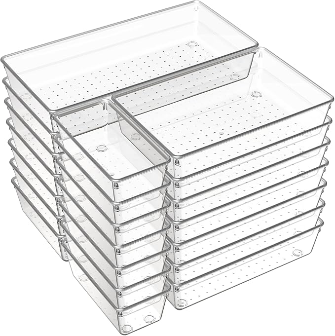 Criusia 21 Pack Large Clear Plastic Drawer Organizer Trays | BPA-Free Acrylic Organizer Bins for Large Kitchen Utensils, Bathroom, Makeup, Jewelries, Office Desk, School Supplies, Perfume