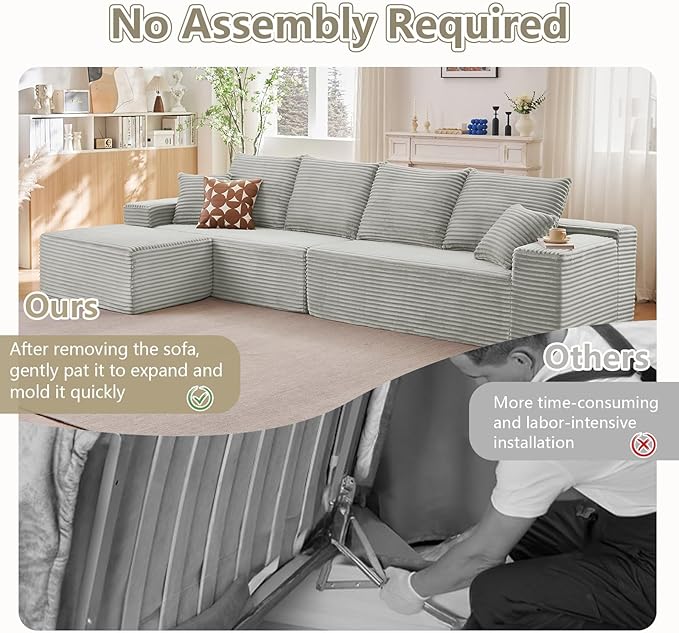 140" L Shaped Cloud Sectional Couch for Living Room, Modular Floor Deep-Seat Sofa, Big Comfy Corduroy Couches Set with Fluffy Memory Foam for Living Room Bedroom, No Assembly Required, Grey