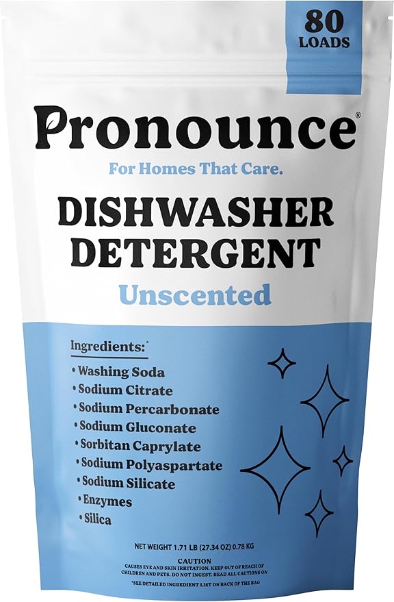 Pronounce Dishwasher Detergent - Cleaner Ingredients, Fragrance Free - Ultra Concentrated Dish Soap, Cuts Grease and Grime, Dishwasher Pods Alternative (Residue-Free). (80 Loads, Unscented)