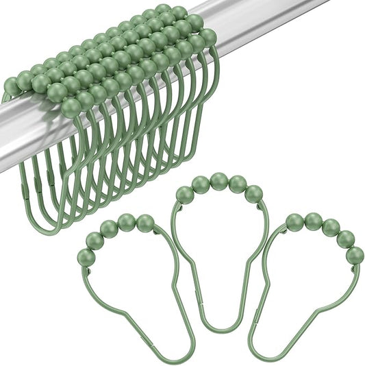 Amazer Shower Curtain Hooks, Decorative Shower Curtain Hooks, Sage Green Rustproof Stainless Steel Shower Hooks for Shower Curtain Liner Shower Rod Hook 12pcs